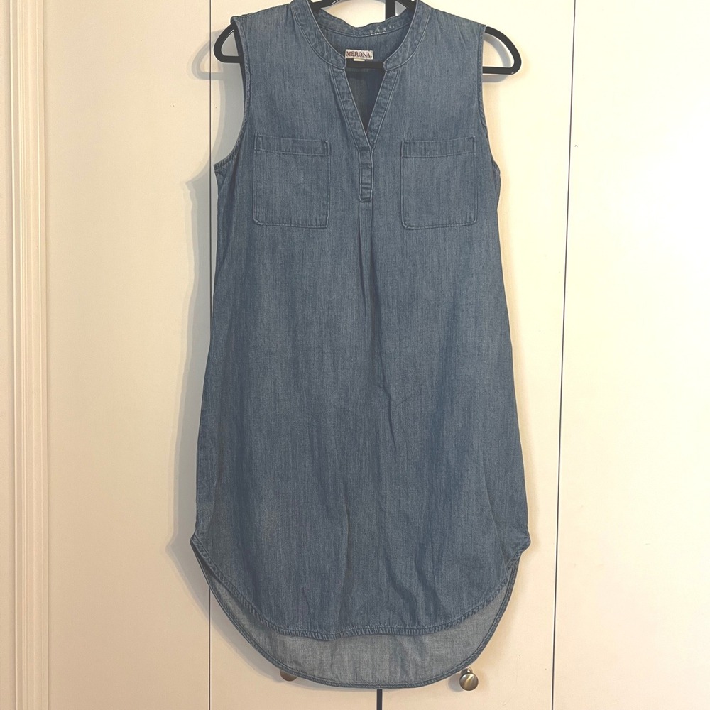 Merona Womens Medium Blue Denim Shift Dress Sleeveless Cotton High Low Hem M